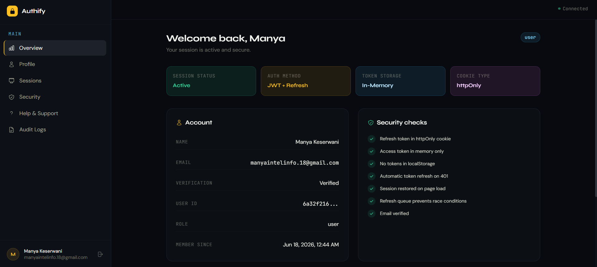 Settings screen with security checks list including refresh token in httpOnly cookie, access token in memory only and no tokens in localStorage